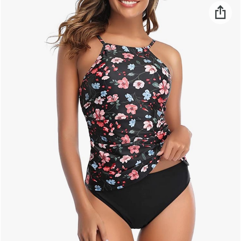 Tempt Me Two Piece Tankini Swimsuit for Women High Neck Ruched Tummy Control